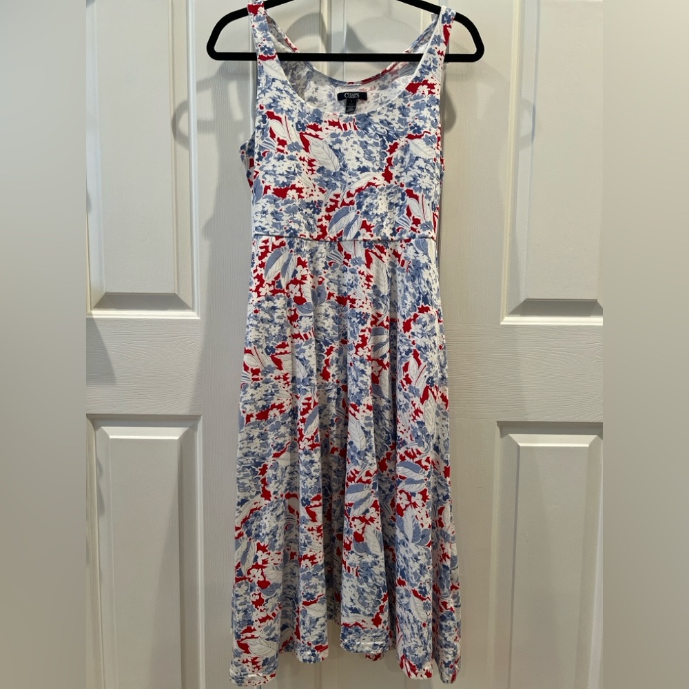 100% Cotton Sleeveless Red and Blue Patterned Summer Dress w/Side Pockets - Picture 1 of 6